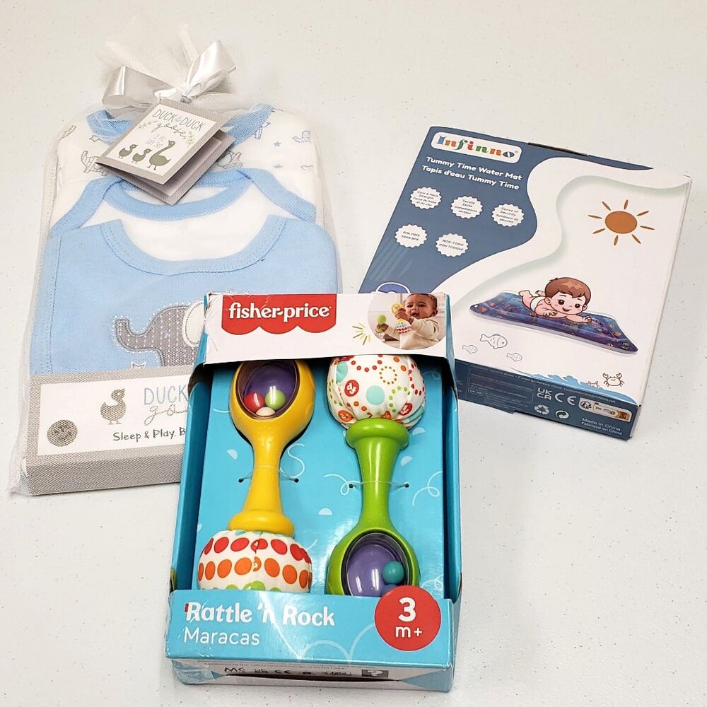 Baby Boy Lot Fisher Price Maracas Sleep Bodysuit Bib Tummy Time Water Mat